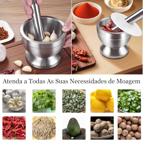 Pilao de Inox com Socador para Cozinha, com Tampa à Prova de Respingos e Base Antiderrapante, Inox 18/10, não Altera o Sabor Dos Alimentos, Perfeito para Geleia, Especiarias e Alho, Fácil de Limpar