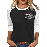 Christmas Shirts for Women Merry and Bright Believe Embroidered 3/4 Sleeve T-Shirts Hoilday Raglan Tops