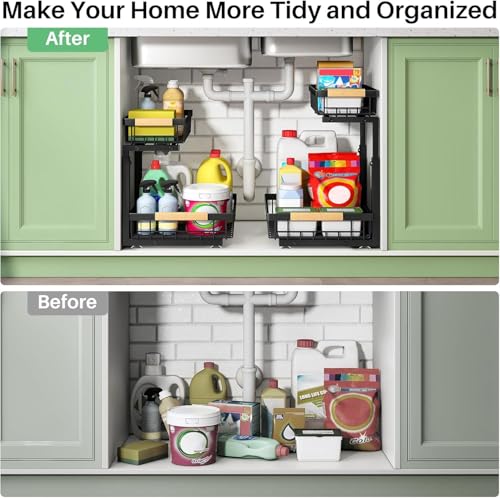 Under Sink Organizer, Height Adjustable kitchen organizers and Storage, Space Saver 2 Tier Pull Out Drawer Cabinet Shelf Storage Rack for Kitchen Bathroom organizer, 1 Pack