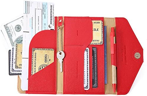 IVESIGN Travel Passport Wallet Trifold Envelope Document Organizer Holder With Free Pen (Red)