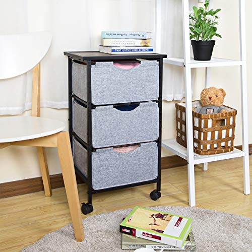 MAX Houser 3-Layered Dresser Storage Tower,Storage Organizer Drawers with Casters,Drawer Chest,Sturdy Steel Frame Wood Top with Easy Pull Fabric Bins for Home, Bedroom,Office(Grey)