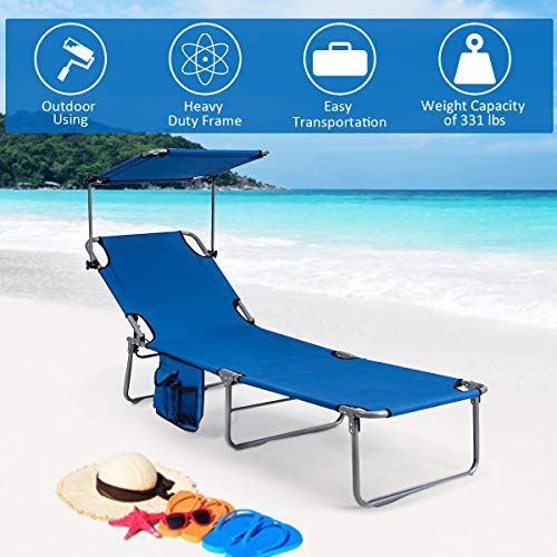Goplus Folding Lounge Chair w/Shade Canopy and Storage Pocket, Portable