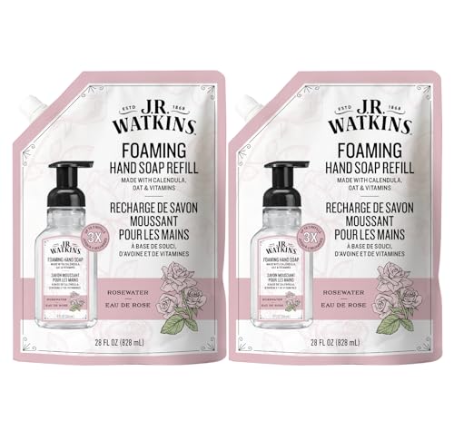 J.R. Watkins Foaming Hand Soap Refill, Moisturizing Foam Hand Wash, Formulated with Plant-Based Cleansers, Alcohol-Free, Cruelty-Free, Rosewater, 28 fl oz, 2 Pack