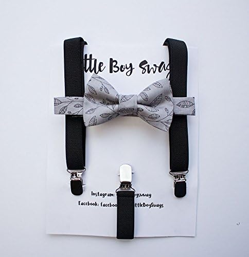 Grey with black leaf design bow tie with black suspenders for boys. A stylish look for weddings, ring bearers, best man, groomsman, birthday parties, cake smash or family photos.