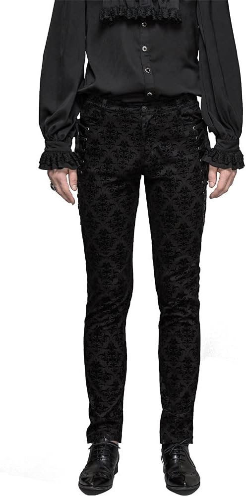 Punk Men Cotton Dress Pants Victorian Printed Bandage Bridal Pants