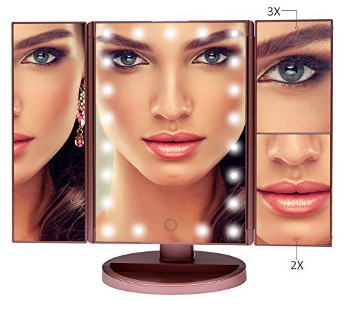 Mirror With 21 Led Light by Shao, Touch Screen Light Control, 3X/2X/1X Trifold Magnifying, Dual Power Supply Mode, 180 Degree Rotation, High Quality Cosmetics Mirror(Rose Gold)