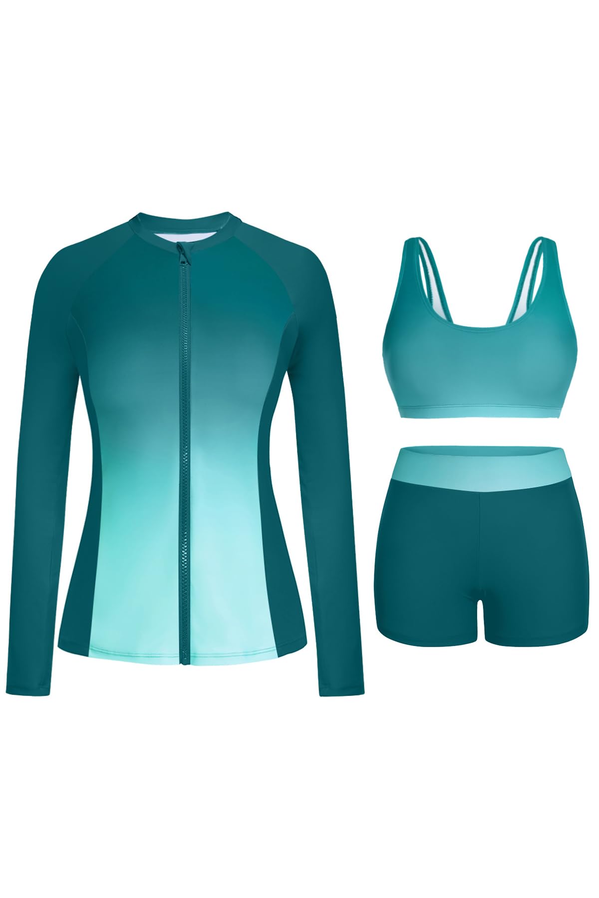 Holipick Green Gradient Long Sleeve Swimsuits for Women - 3 Piece Rash Guard with Shorts Zipper SPF Swim Shirt with Built in Bra XL Image