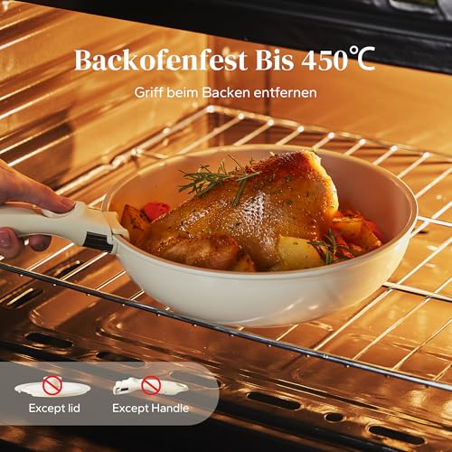 Redchef Pan Set, 16-Piece Non-Stick Ceramic Cookware Set with Removable Handles, Pan 20/26 cm, Deep Frying Pan 26 cm, Pot 18/20 cm, Stackable Pot Set for All Hobs, Oven Safe