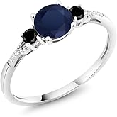 Gem Stone King 10K White Gold Blue Sapphire Black Diamond and White Diamond Accent 3-Stone Engagement Ring For Women (1.18 Cttw, Round 6MM, Gemstone September Birthstone)