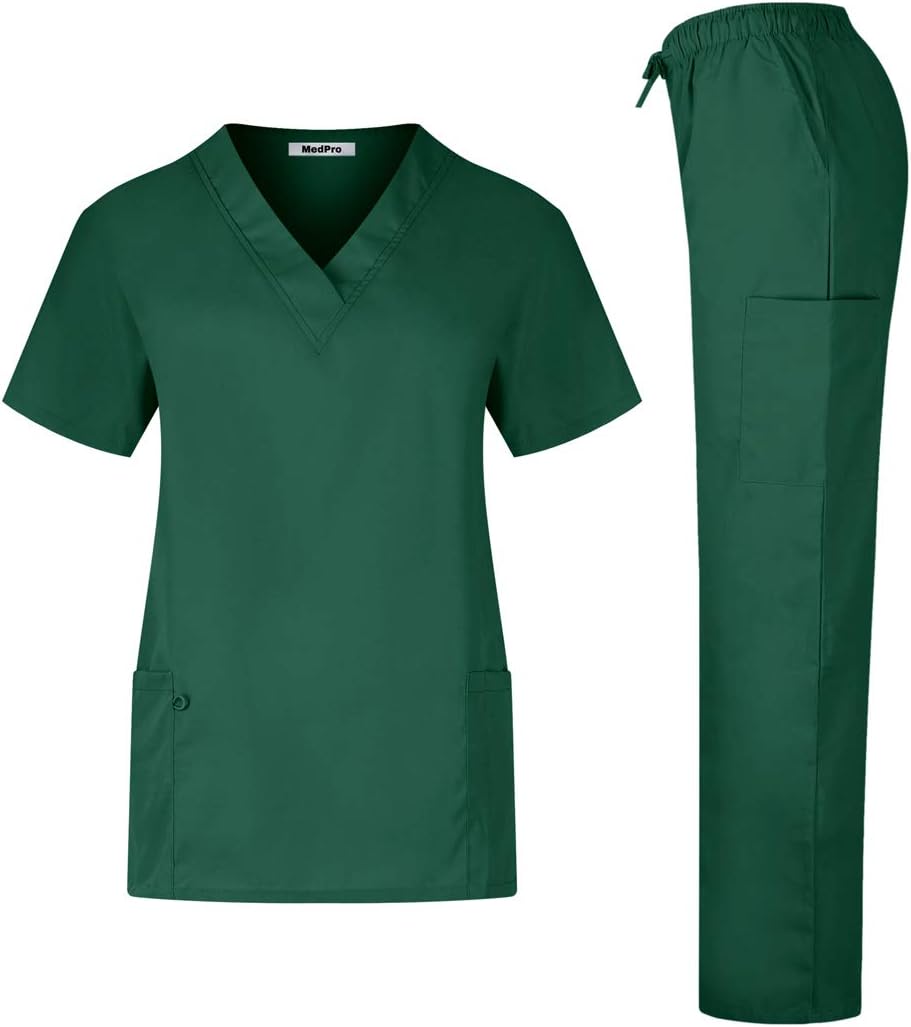 MedPro Women's Solid Medical Scrub Set V-Neck Top and Cargo Pants Hunter Green S