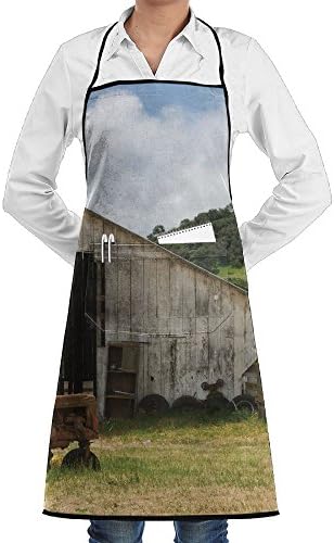 Grill Aprons Kitchen Chef Bib - SarahKen Farm House Old Wooden Barn With Rusted Tractor On Hillside Enclosed With Wooden Fence And Trees Professional For BBQ Baking Cooking For Men Women Pockets