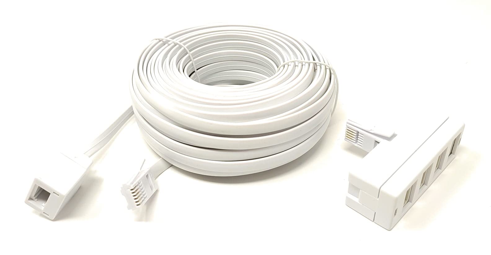 Maincore 10m 2in1 long White BT Telephone Extension Cable Lead & 4 Way BT Sockets Splitter Adapter (10m)
