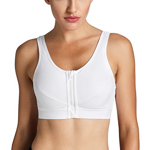 SYROKAN Women's High Impact Front Closure Wirefree Cross Back Support Sports Bra White 38DD