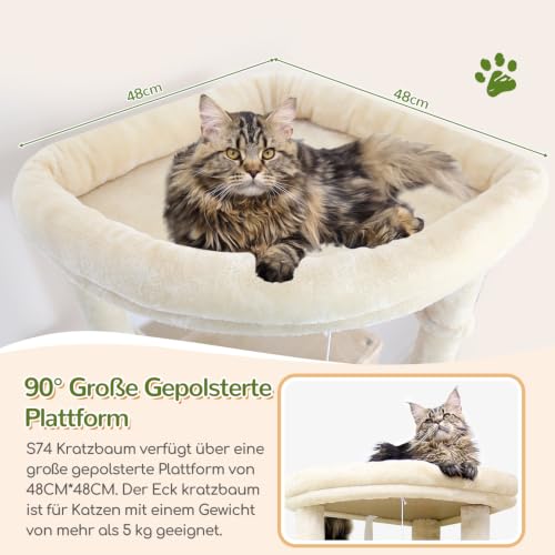 Globlazer Cat Scratching Post Beige XXL 188 cm with 2 Extra Large Cat Houses 50 x 30 x 30 cm, Enlarge Platform Padded, 2 Cat Baskets, Sturdy Cat Tree Corner Tilt-Proof for Large Cats, Heavy (S74, Beige)