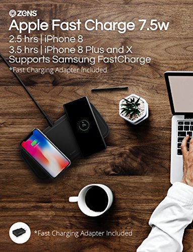 ZENS Wireless Charging Pad | Dual Qi Charger Pad with 2X 15 Watt Power Output | Supports Apple iPhone and Samsung Galaxy Fast Charge | Includes AC/DC Adapter | Black