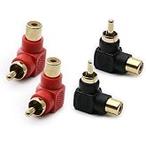 rgzhihuifz RCA Male to RCA Female Connectors Right Angle Plug Adapters M/F 90 Degree Elbow Gold-Plated (2 Black + 2 Red) (4-Pack)