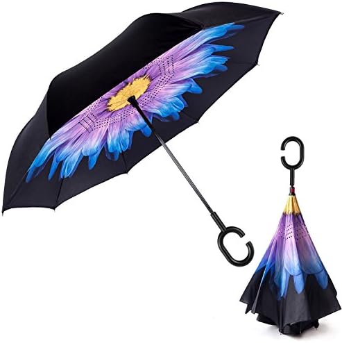 Cell Escape Blue Polyester Flower Inside Out Reverse Folding Large Double Layer Open and Close No Drip Umbrella