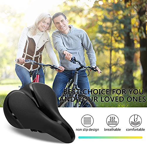 RERUIA Large Comfortable Bike Seat Wide Saddle Shock Absorbing - Oversized Memory Foam Padded Exercise Bicycle Seat Waterproof Leather Cover - Universal Soft Replacement Cycling Cushion for Men Women