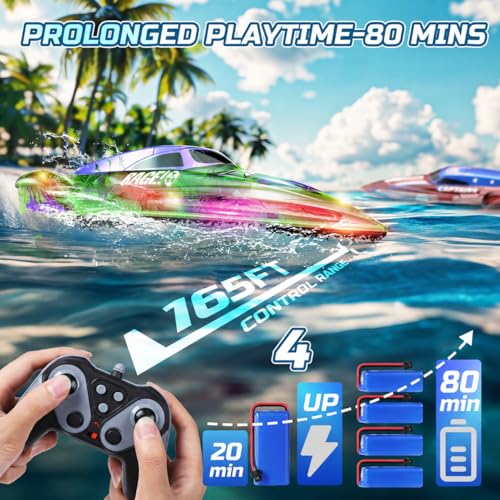 DEERC 2 Pack 13 inch Remote Control Boat for Kids, 4 Batteries, 2.4Ghz RC Racing Boat with LED Lights for Pools and Lakes, Water Summer Toy Gift
