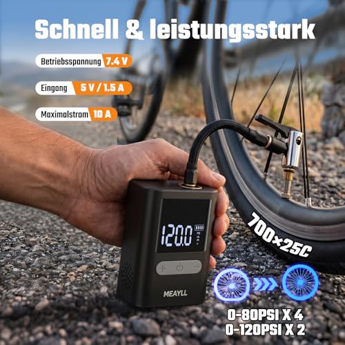 Mini Electric Bicycle Pump with Pressure Gauge, 120 PSI Mini Pump for Auto Stop and Quick Inflation, 500 mAh Battery Air Pump Bicycle with Presta and Schrader Valve for Road Bike, MTB, E-Bike