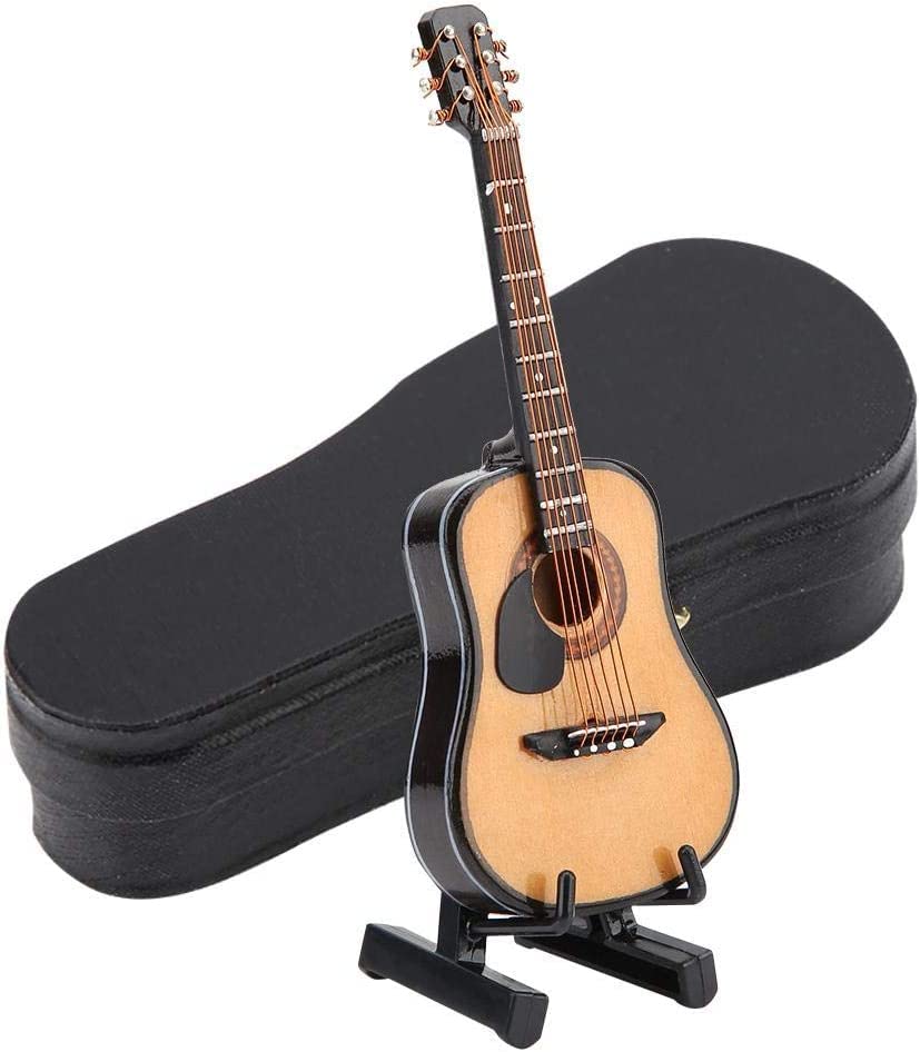 Honiwu Miniature Wooden Guitar Model, Guitar Model Decor, Mini Musical Ornaments Craft, Musical Instrument Ornament, Guitar Instrument Model with Stand and Case for Home Coffee House Ornament(10CM)