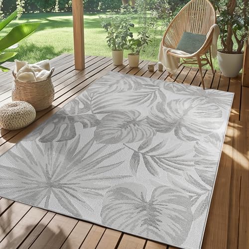 SIMPEX Outdoor Teppich Grau 240x340 cm Wetterfest UV-beständig Pflegeleicht Palmblätter Design für Küche Balkon Terrasse Garten Wohnzimmer