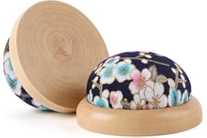 WANSHUI Round Pin Cushion, Wooden Base Cute Needle Pincushions Japanese Style Pin Cushions Needle Holders for Sewing Quilting Accessory or DIY Crafts.Tibetan Blue Plum Blossom