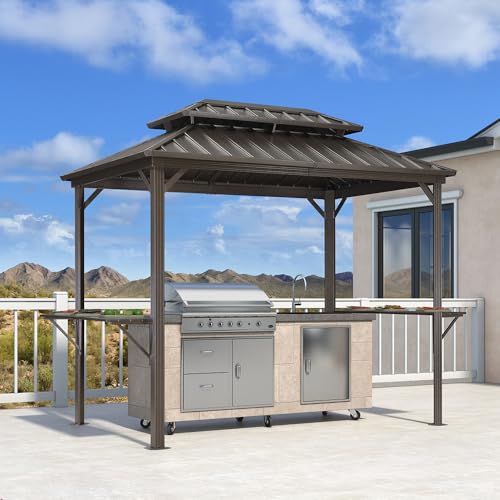PURPLE LEAF 6' X 9' Hardtop Grill Gazebo for Patio Permanent Metal Roof with 2 Side Shelves Deck Yard Tent Aluminum Garden Outside Sun Shade Outdoor BBQ Canopy, Brown