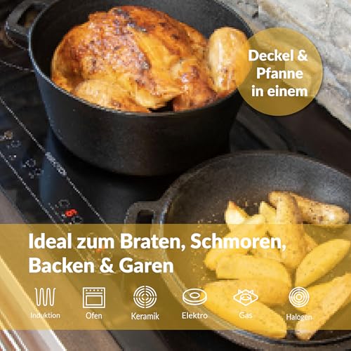 Cast Iron Pot 26 cm, Pre-Seasoned, Induction Compatible, 2-in-1 Cast Iron Roasting Pan with lid 4.6 L, Stewing Pan with Practical Double Function, Cast Iron Pot, Bread Baking Pot with Lid | Bake crispy sourdough bread or Schmore hearty dishes with proofing basket, dough scraper and 2 in 1 lid