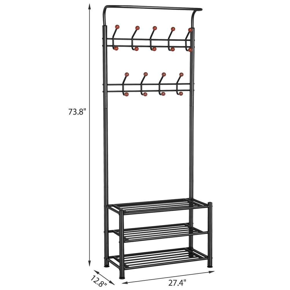 Yaheetech Metal Multi-purpose Garment Rack Coat Clothes Stand 3-Tier Shoes Rack Umbrella Stand With Hanging Hooks Black
