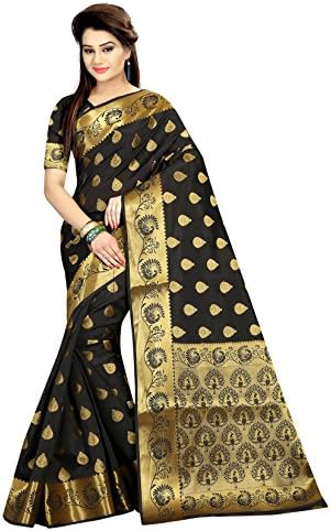 Black Colour Banarasi Jacquard Cotton Saree With Unstitched Blouse Piece, Free Size.