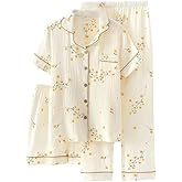 codcm Womens 3pcs Cotton Pajamas Set Short Sleeve Sleepwear Fruit Print Cute Pj Set with Long Pants