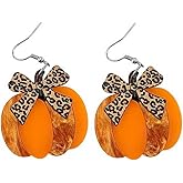 Fall Pumpkin Leopard Print Bow Dangle Drop Statement Earrings for Women Acrylic Bowknot Ribbon Autumn Thanksgiving Hook Hoop Earring Cute Jewelry Gifts Halloween Festival