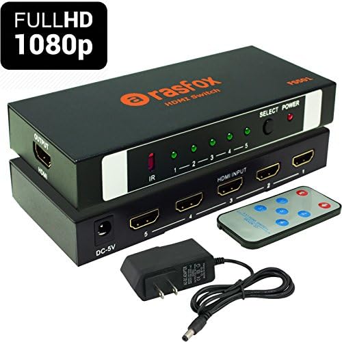 FS501 Powered 5-Port HDMI Switch Switcher Selector Splitter with IR Remote; HDMI 1.4 HDCP 1.4 Support 4K@30Hz,1080P 3D; 5 in 1 Out; Connect 5 HD Devices to 1 HDTV