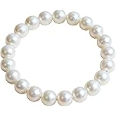 Valunia Pearl Stretch Bracelet for Women, 8mm White Beaded Elastic Bracelet Adjustable Trendy Wedding Jewelry Gift