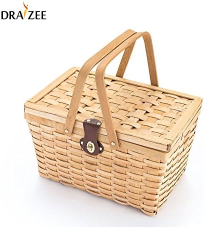 Picnic Basket | Wood Chip Design | Red and White Gingham Pattern Lining | Strong Wooden Folding Handles | Features a Leather Strap Metal Lock for Safety | Natural Eco Friendly Woven Woodchip Basket