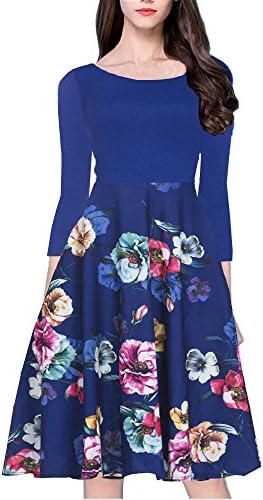 YISHIWEI Women's Long Sleeve Pocket Vintage Patchwork Flowers Casual Party Flared Midi Dress (x-Large, Blue)