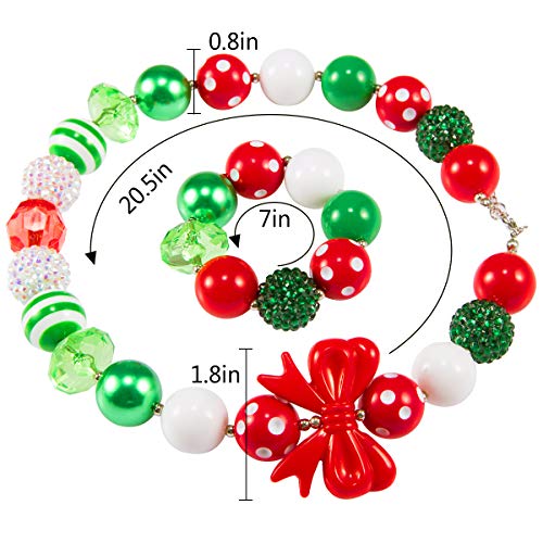 Madholly 2 Pcs Stretch Christmas Beaded Bracelet Necklace Set- Kids Holiday Festive Jewelry Set with Red White and Green Xmas Theme Beads for Children Girls Women Fun Christmas Gifts Present