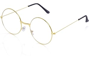 Hmxpls Old Man Costume Glasses, Gold Round Santa Glasses, Clear Lens Non-Prescription for Grandma Dress Up Cosplay Accessories