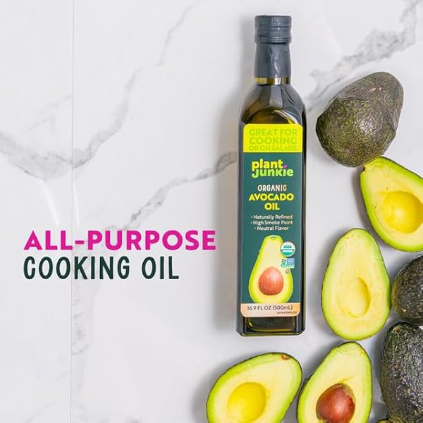 PLANT JUNKIE ORGANIC REFINED AVOCADO OIL, NON-GMO, GLASS BOTTLE, COOKING OIL, KOSHER, KETO AND PALEO DIET FRIENDLY, FRYING, BAKING, AVOCADO OIL, 16.9 FL OZ (500ML)