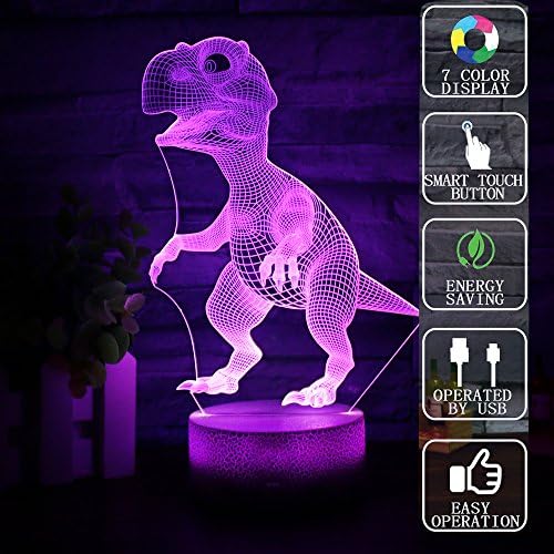 Dinosaurs 3D Illusion Lamp Christmas Gift Night Lights Animal Light Led Desk Lamps Anniversary Gifts for Boys Kids Home Decor Office Bedroom Party Decorations Nursery Lighting 7 Color Crackle
