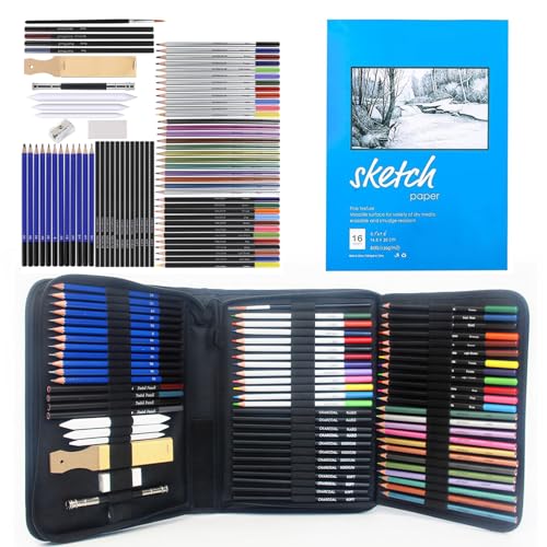 GODREAM Kit Lapis de Desenho Profissional 74 Peças com Estojo Portátil, Lapis de Cor e Grafite Profissional, Sketchbook, Borrachas, Estilete e Acessórios para Artistas e Estudantes Linha Super Premium