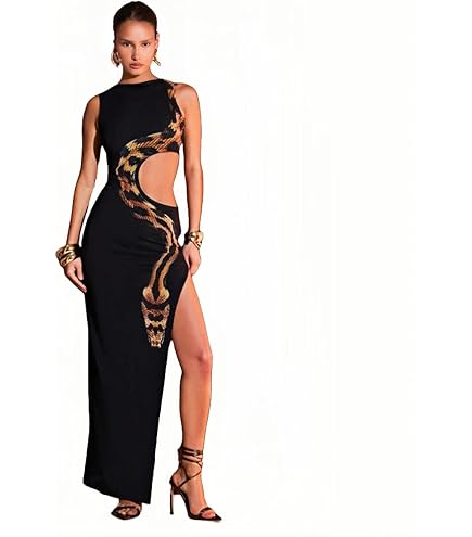Women's Fashion Snakeskin Printed Hollow Out Maxi Dress Sexy Sleeveless High Split Bodycon Dress Party Club Long Dresses Brown : Clothing, Shoes & Jewelry