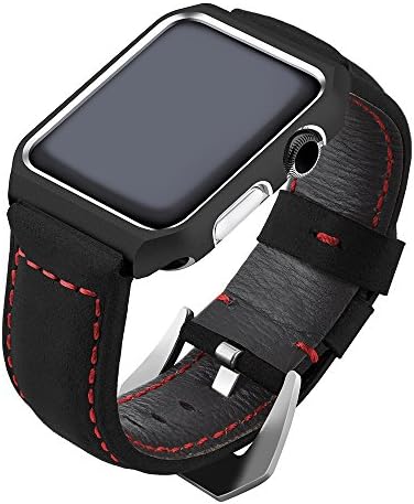 LOYUT Watch Band Leather Replacement Band with Metal Clasp＋Metal Watch Case Protective Cover for Apple Iwatch Series 3 Series 1/2 (Black case/black leather band, 42)