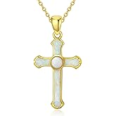 AHTAMOS Cross Necklace for Women Opal Cross Pendant Necklace 14K Gold Plated Cross Necklace for Women Opal Jewelry Religious Gifts for Her 18+2"