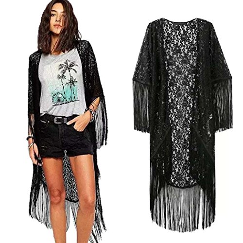 Gillberry Women Lace Hollow Floral Tassel Kimono Shawl Cardigan Blouse Coat Tops (S, Black) - Thumbnail 2