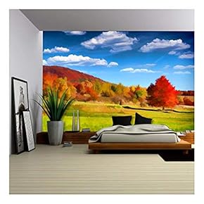 Digital Artwork in Watercolor Painting Style. Colorful Autumn Landscape in The Mountains - Removable Wall Mural | Self-Adhesive Large Wallpaper - 66x96 inches