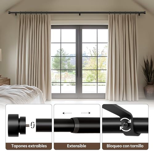 Gormena Curtain Pole Black 80-218 cm Curtain Rail Extendable Diameter 25 mm Ceiling Mounting Wall Mounting Heavy Metal for Living Room Bedroom Kitchen and Various Windows Easy Assembly