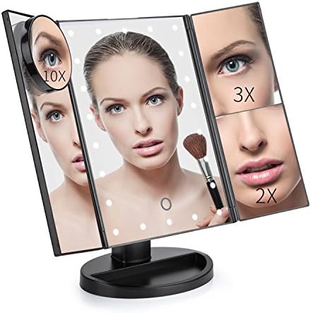 GoLine Makeup Mirror, Mom Birthday Gifts, Vanity Mirror, Make Up Mirror with LED Light, Bathroom Vanity Mirror, Trifold Mirror, Small Lighted Makeup Mirror, Birthday Gifts for Women, Black.(MM02)