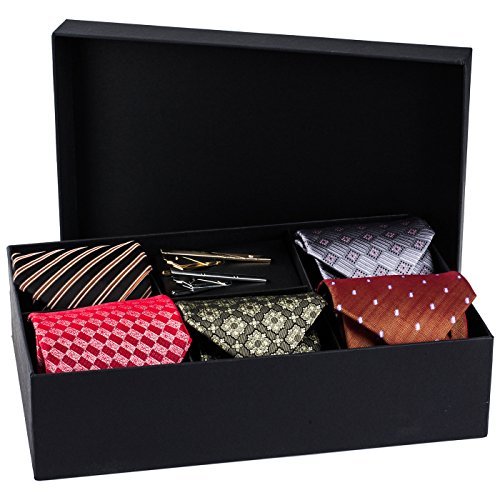 Men's Tie Set - 5 Luxury Neckties And 2 Classy Tie Bars In Gift Box By Pointed Designs (Set 2 Multicolored)
